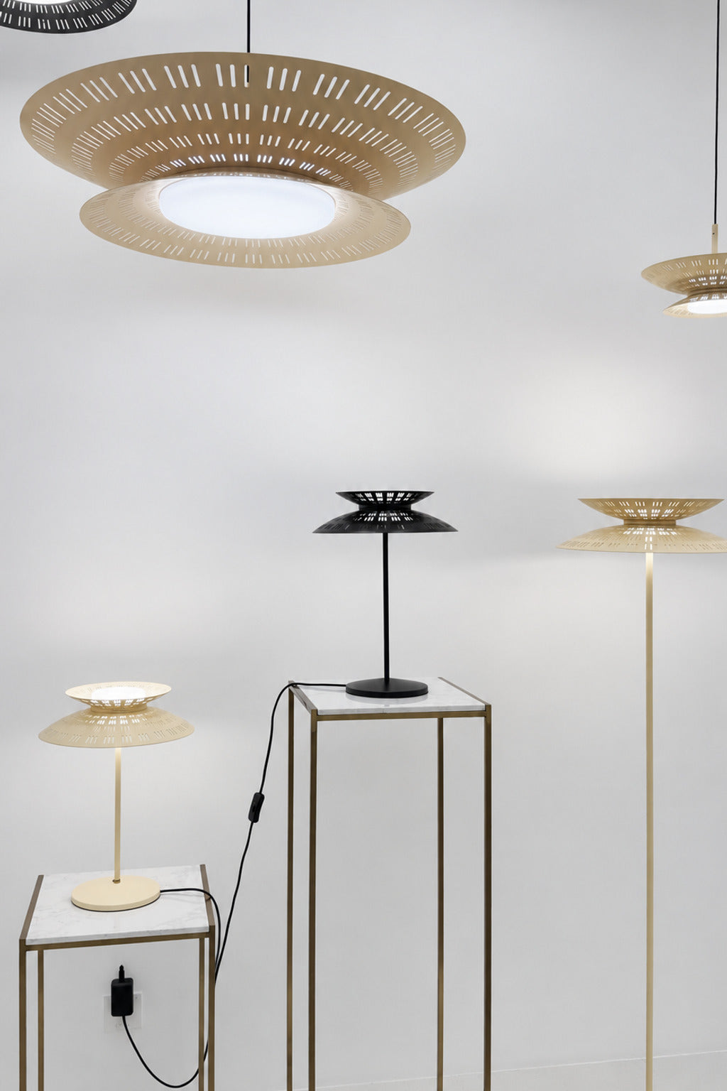 Cream and black Asterune floor lamps real showroom photo