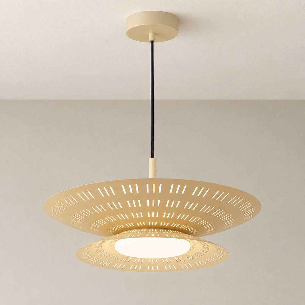 Asterune perforated steel disc pendant light in a contemporary interior