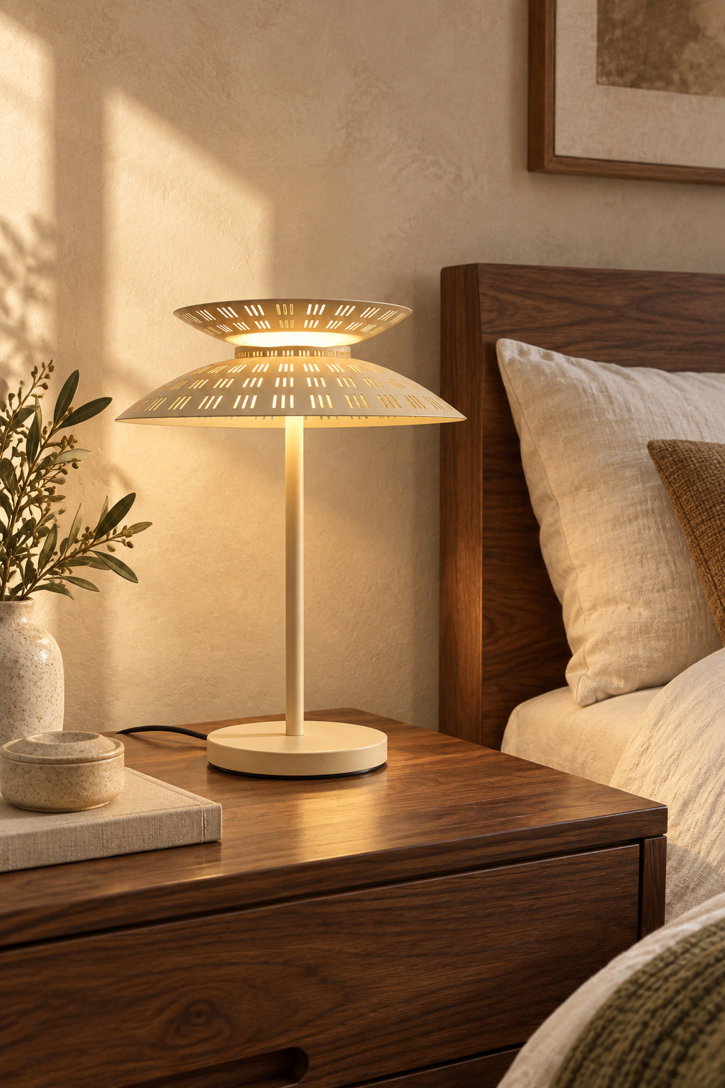 Cream Asterune table lamp in a warm modern bedroom