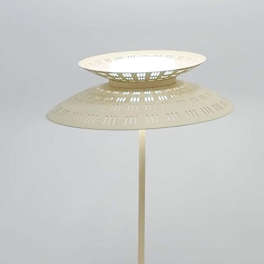 Real photo of the Asterune table lamp small upper perforated disc, large lower disc and top acrylic diffuser