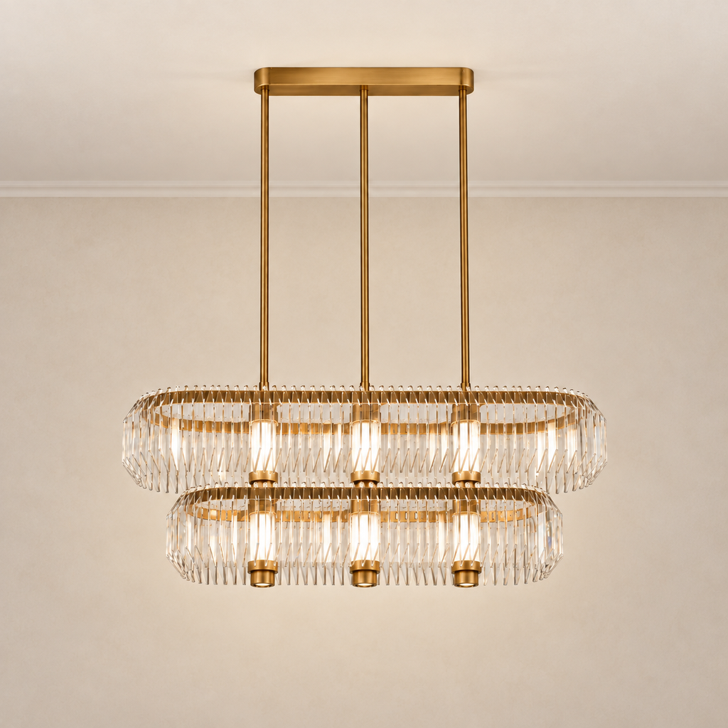 Arquelle Linear Antique Brass Acrylic Chandelier centered hero · CDE 2026-09-24