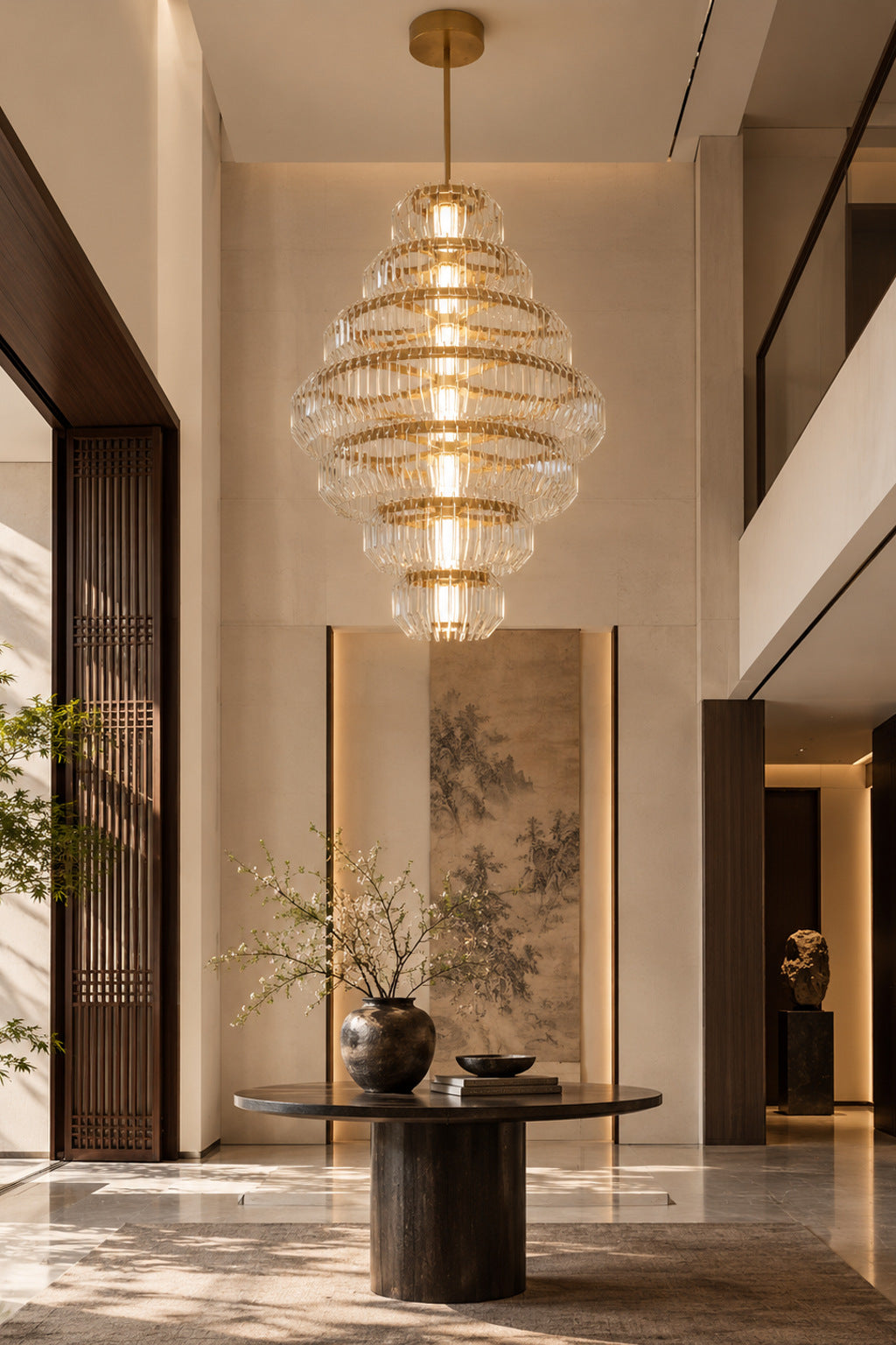 Arquelle Round Antique Brass Acrylic Tiered Chandelier in a styled interior scene 4 · CDE split 2026-09-22