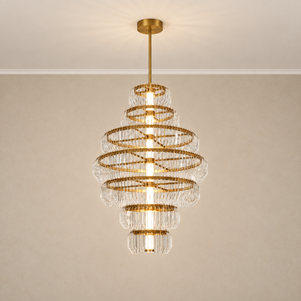 Arquelle Round Antique Brass Acrylic Tiered Chandelier centered hero · CDE 2026-09-24