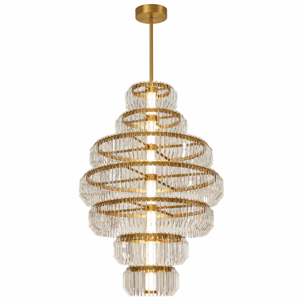 Arquelle Round Antique Brass Acrylic Tiered Chandelier on a seamless white background · CDE split 2026-09-22