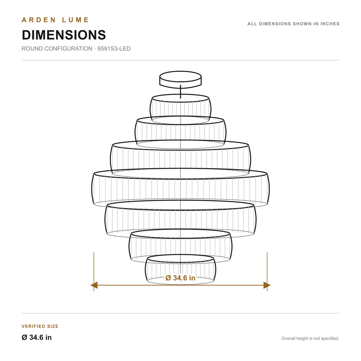 Arquelle Round chandelier technical line drawing — diameter 34.6 inches