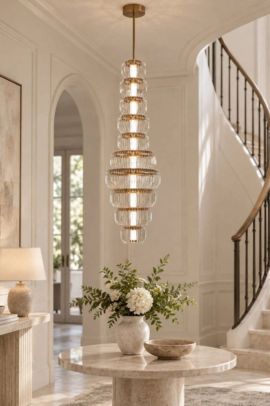 Arquelle Tall Antique Brass Acrylic Tiered Chandelier in a styled interior scene 2 · CDE split 2026-09-22