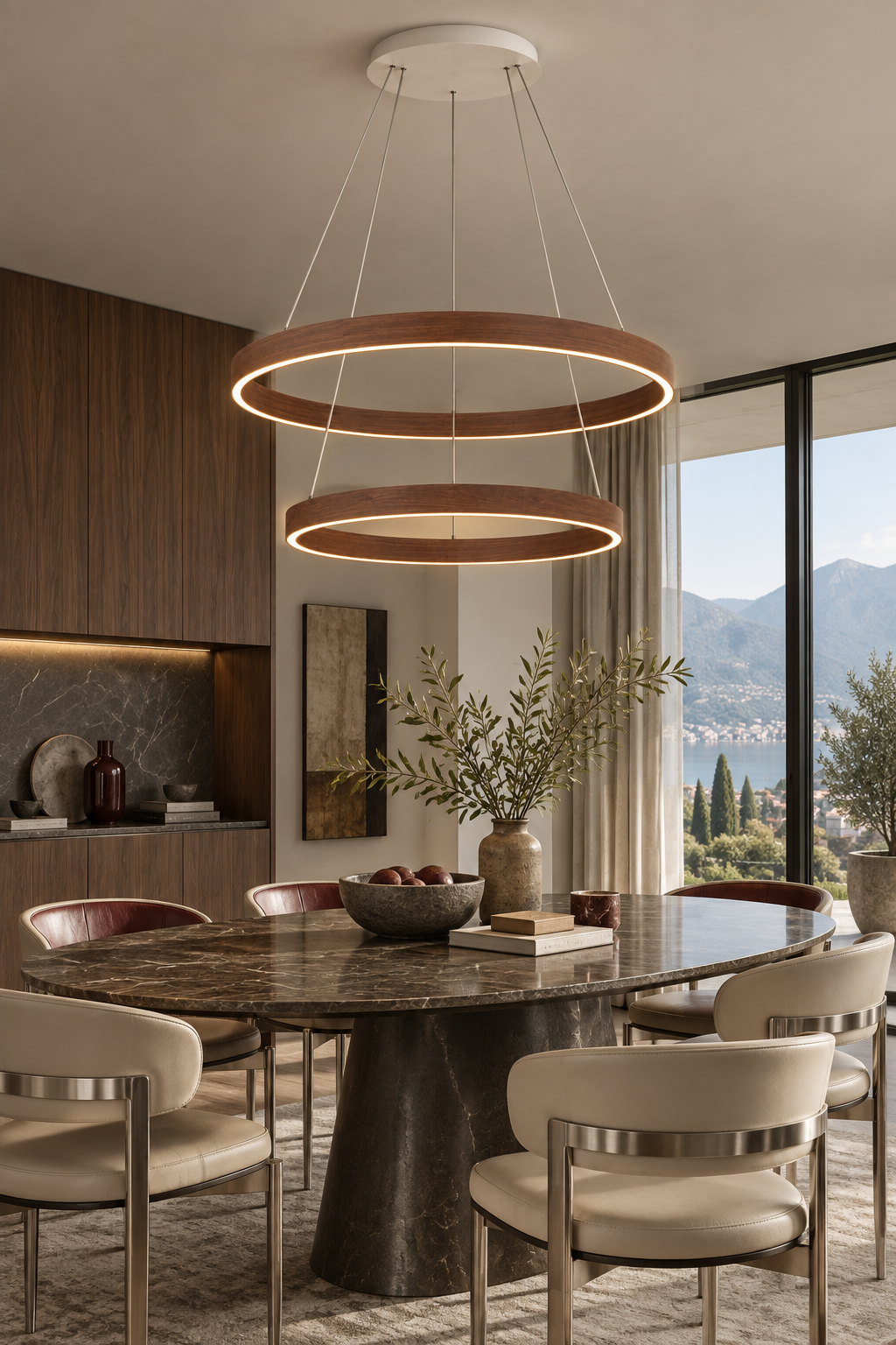 Sylvenor Wood Ring LED Chandelier — 2-Ring / Walnut / Ø800+1000 mm in a modern dining room
