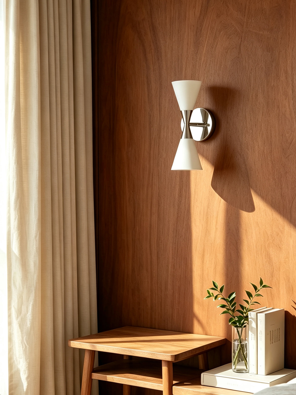 Polished chrome double-ended frosted glass wall sconce beside a curtain and wooden table in daylight