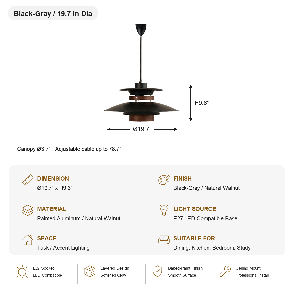 Layered Aluminum and Walnut Pendant Light — SKU card for Black-Gray with Walnut, 19.7 in Dia