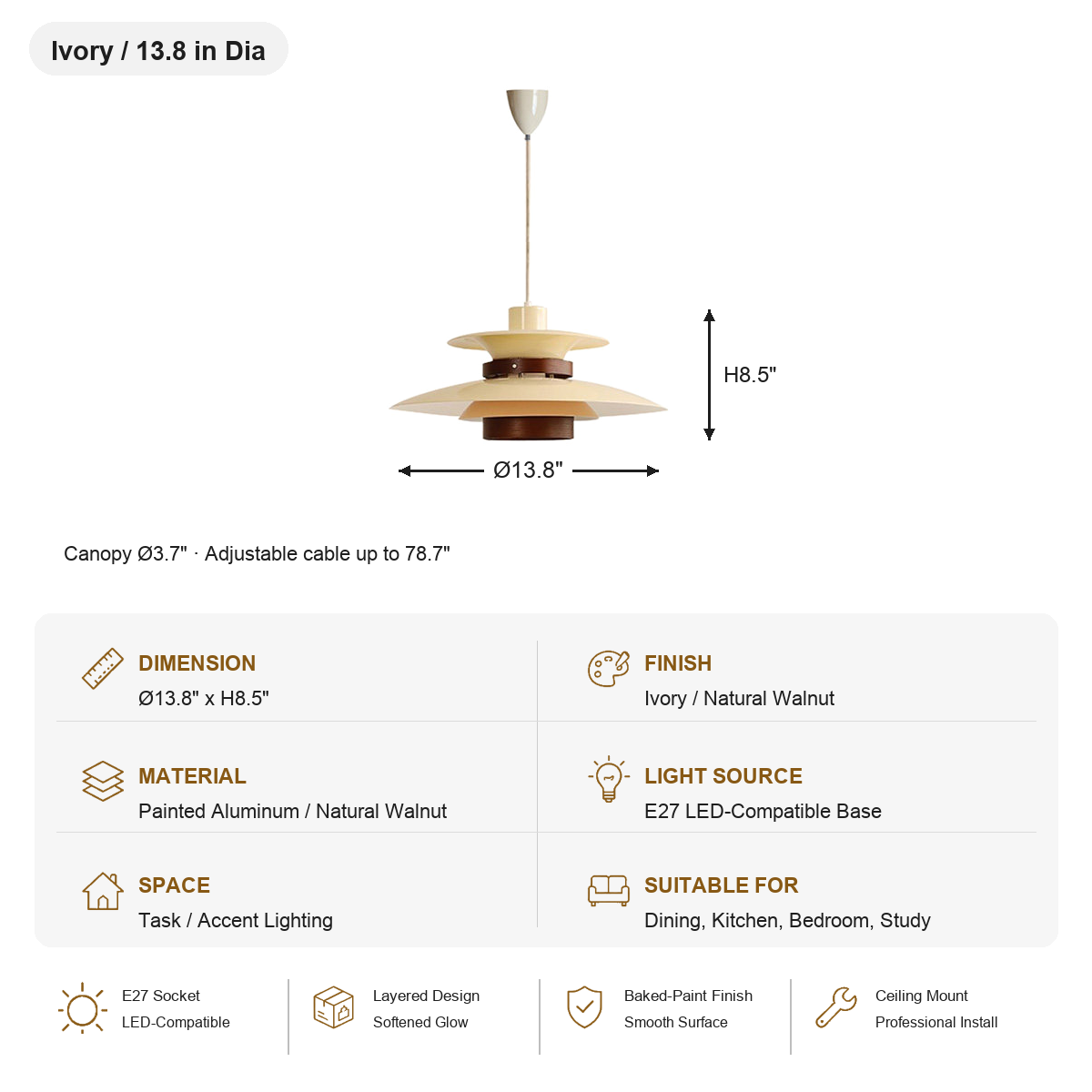 Layered Aluminum and Walnut Pendant Light — SKU card for Ivory with Walnut, 13.8 in Dia