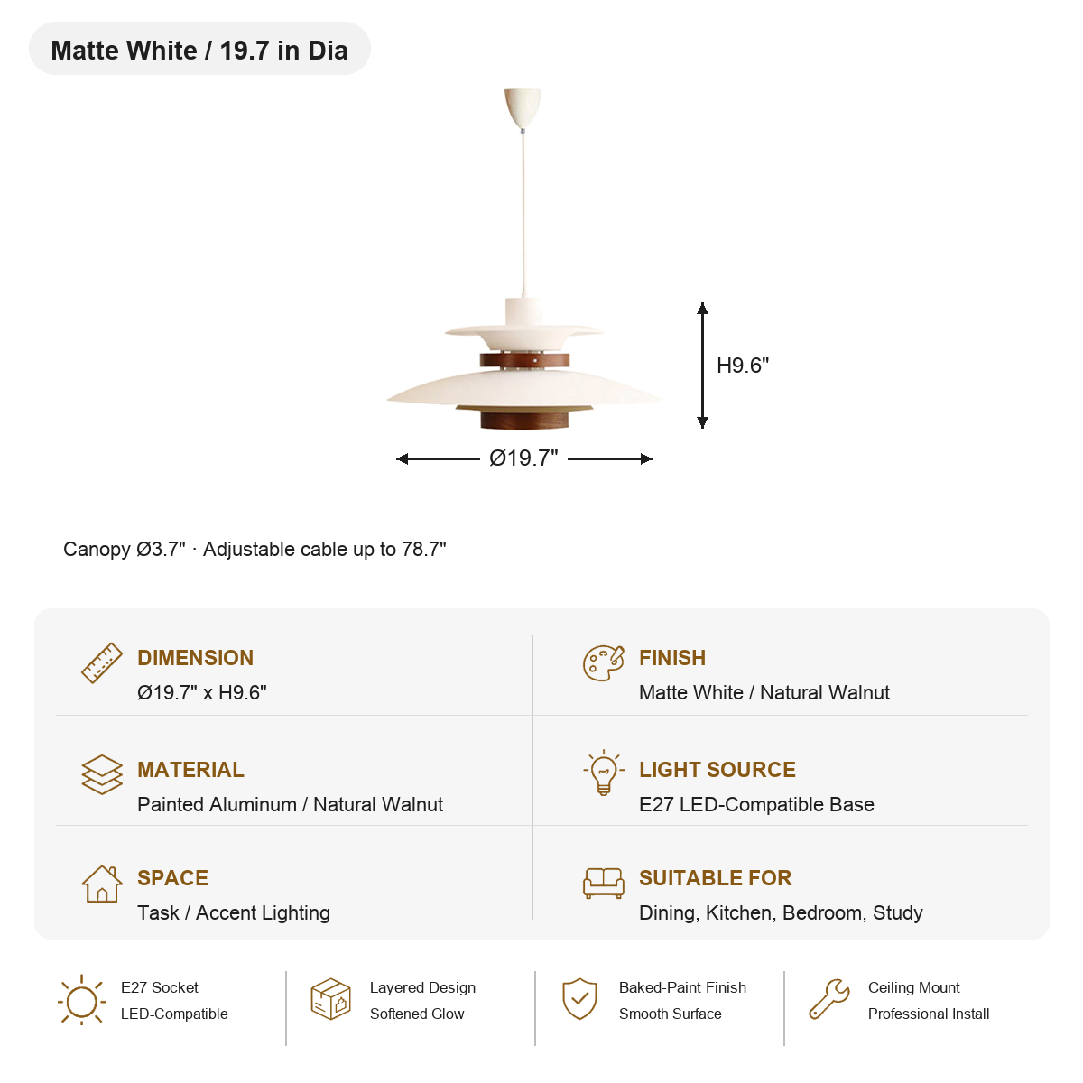Layered Aluminum and Walnut Pendant Light — SKU card for Matte White with Walnut, 19.7 in Dia