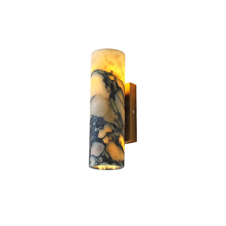 Purple-veined marble cylinder wall sconce with gold-finished backplate on white