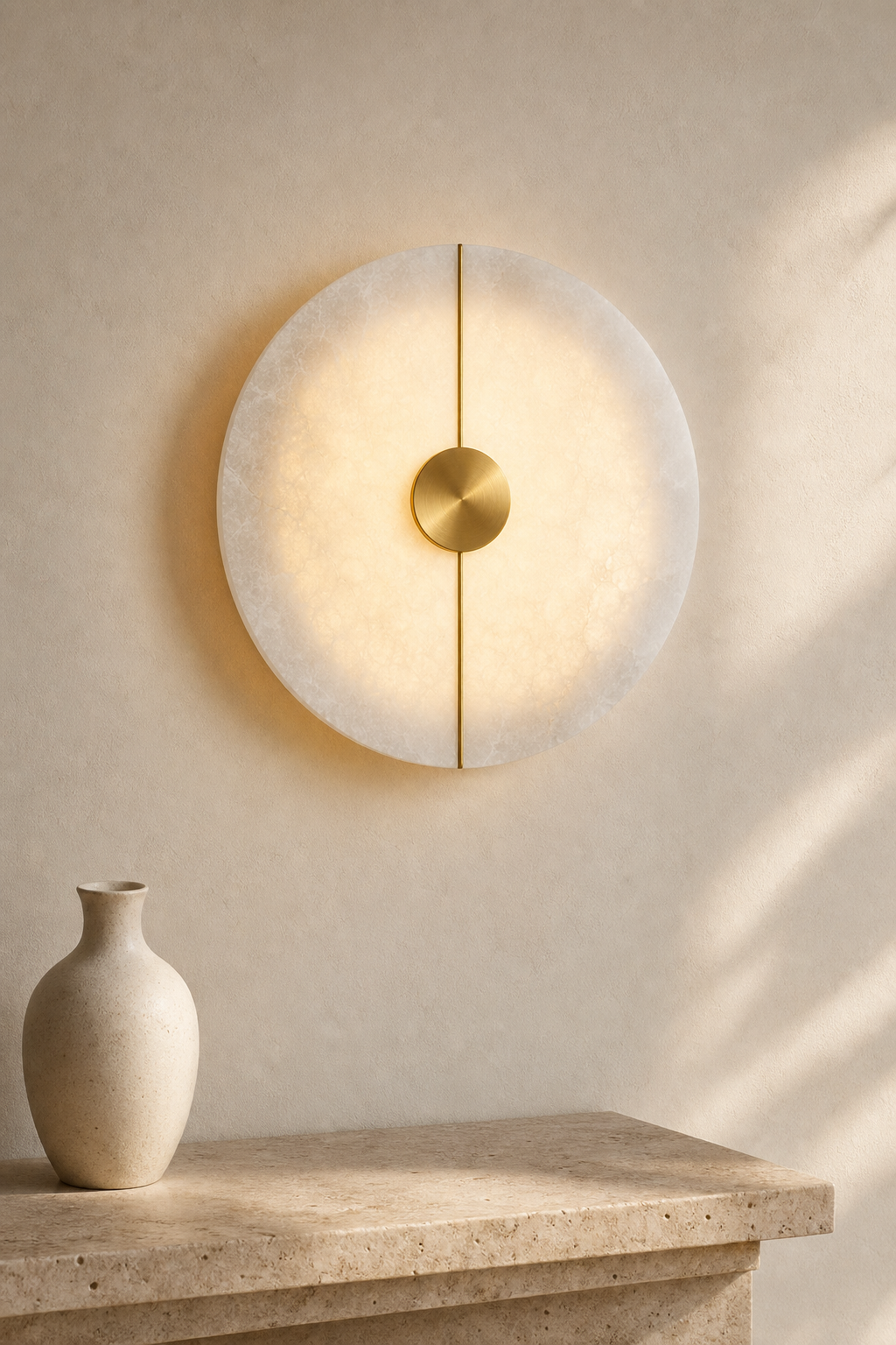 Modern Snowflake Alabaster Round Wall Sconce in Natural Brass - curated collection card scene