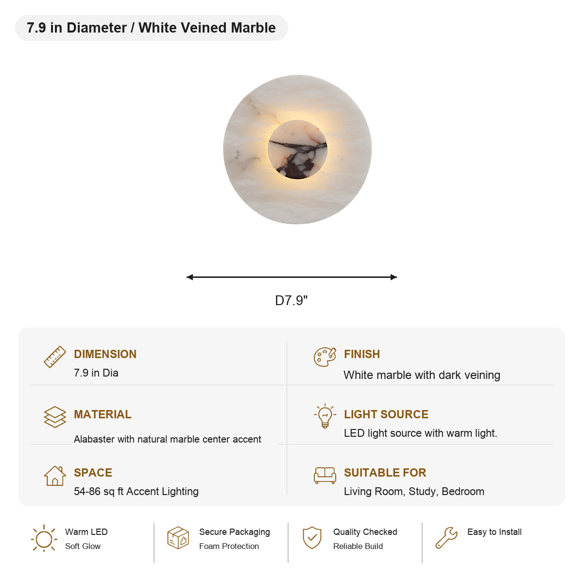 Alabaster and Marble Round Wall Sconce — 7.9 in Diameter / White Veined Marble SKU specification card