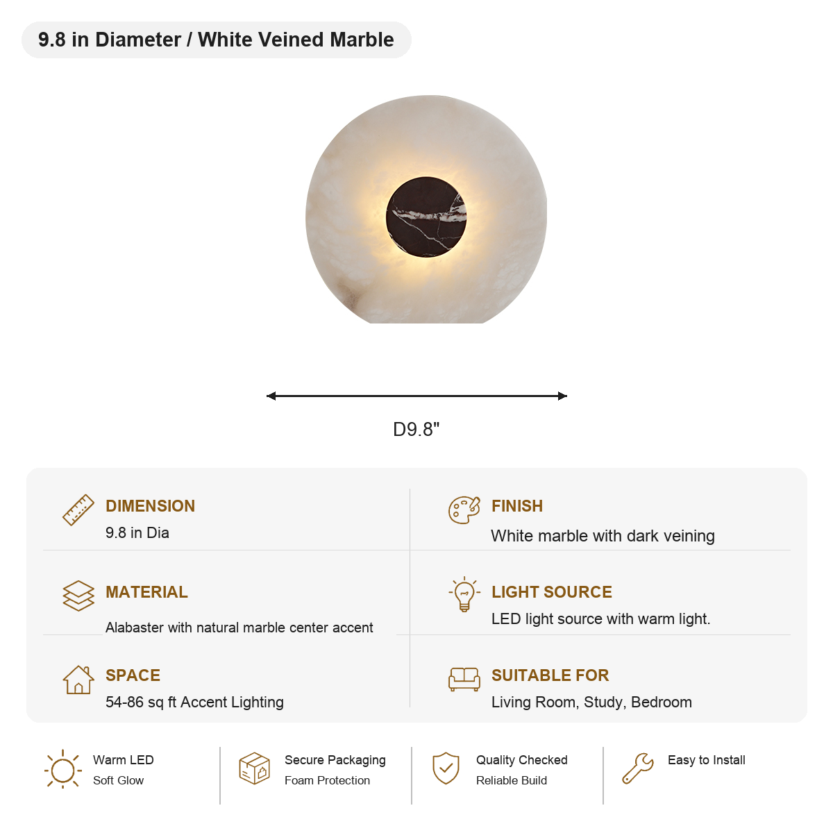Alabaster and Marble Round Wall Sconce — 9.8 in Diameter / White Veined Marble SKU specification card
