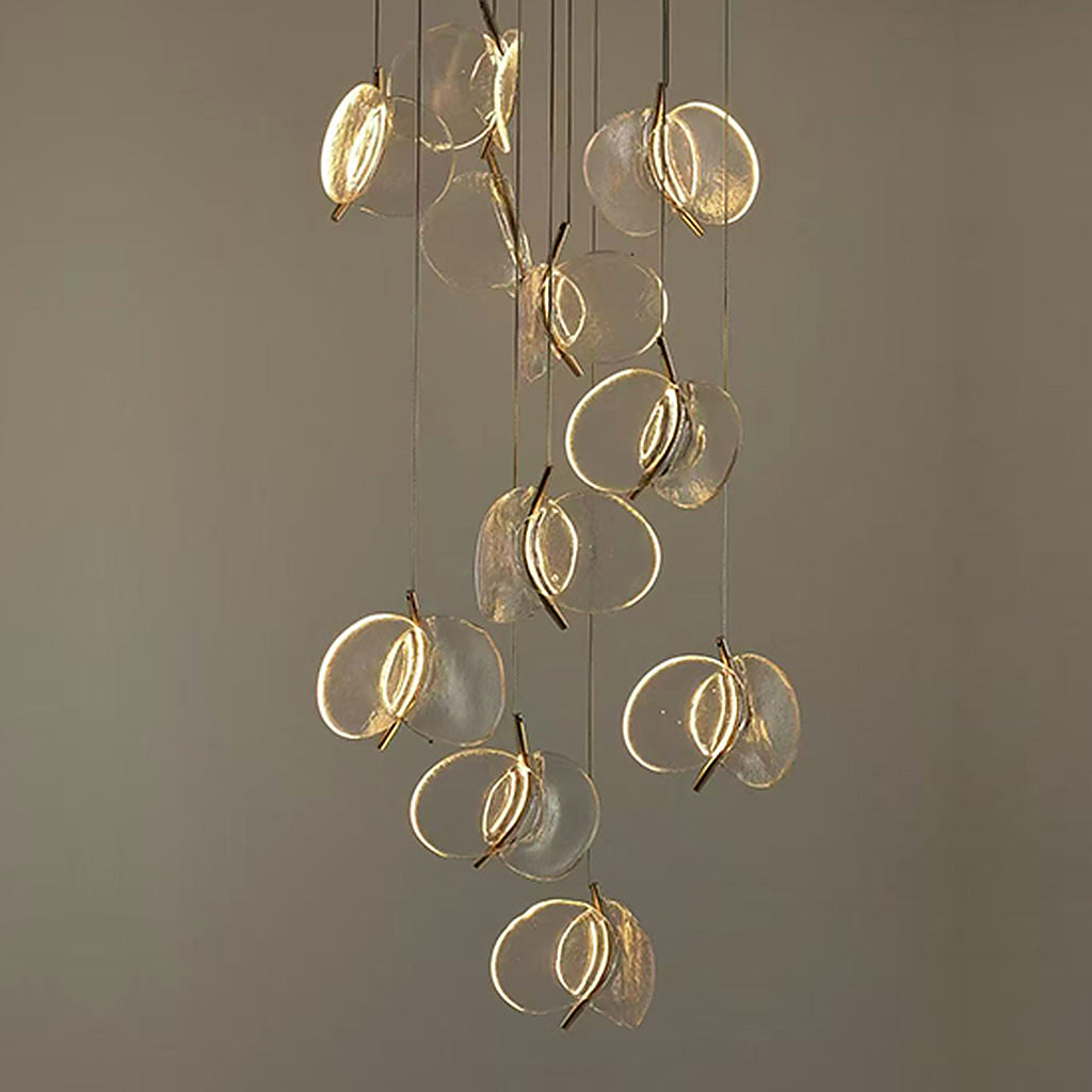 Clear glass petal cascade chandelier on a warm gray background