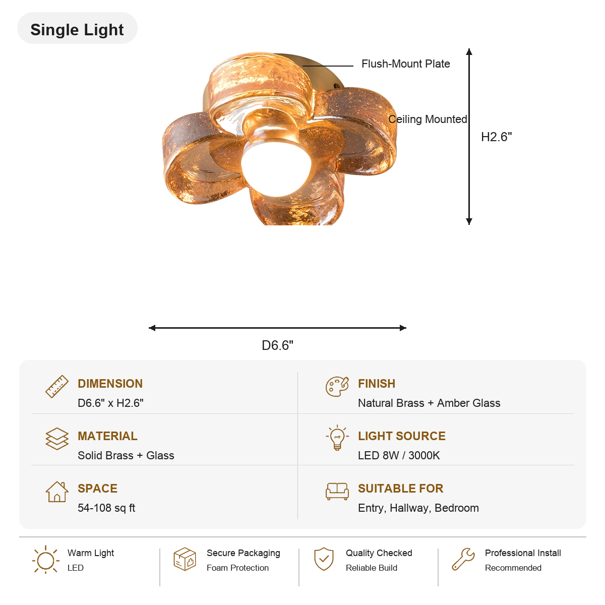 Single-Light Amber Glass Flush Mount Ceiling Light SKU specification card