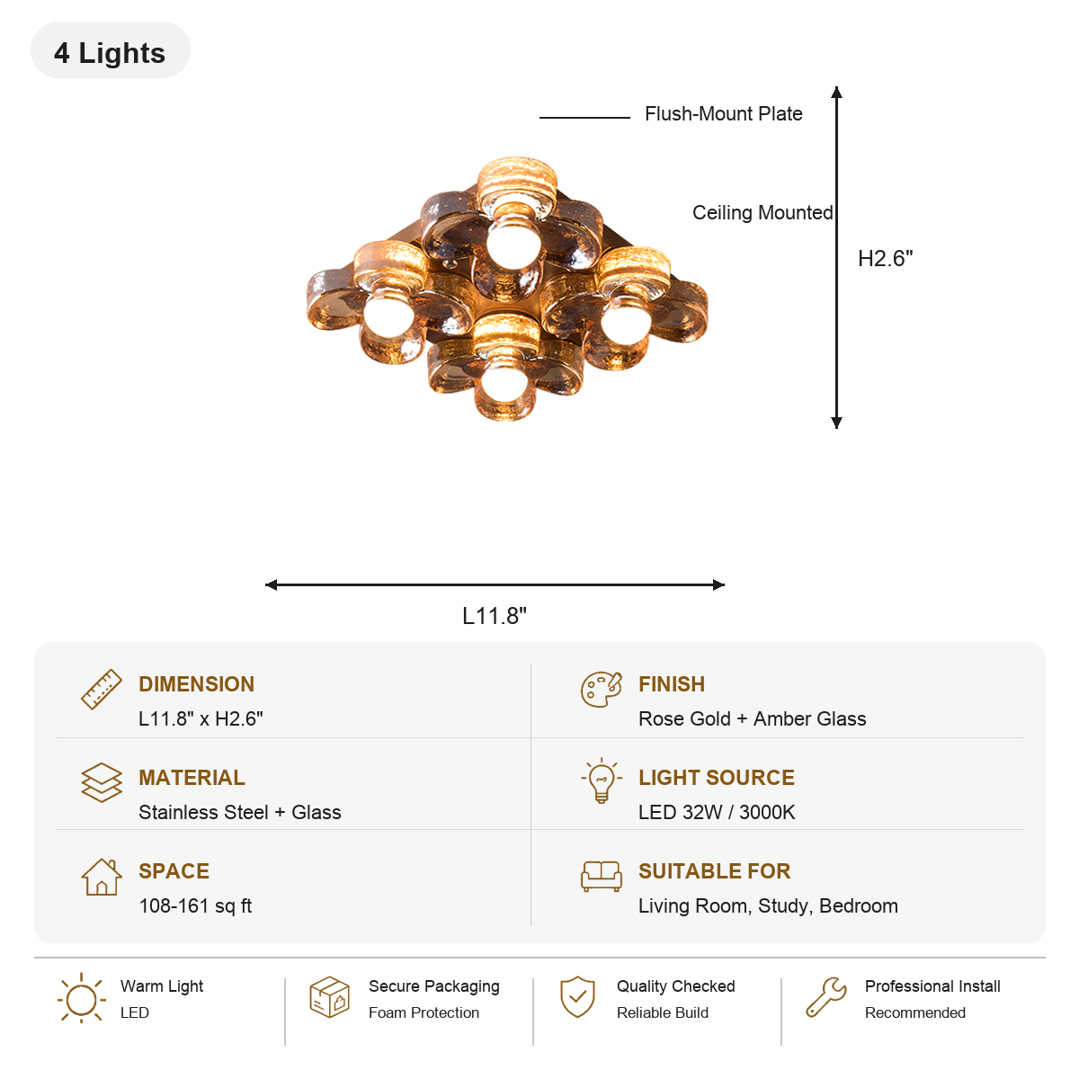4-Light Amber Glass Flush Mount Ceiling Light SKU specification card
