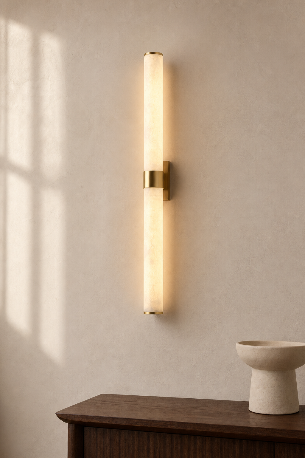 Modern Snowflake Alabaster Cylinder Wall Sconce in Natural Brass - curated collection card scene