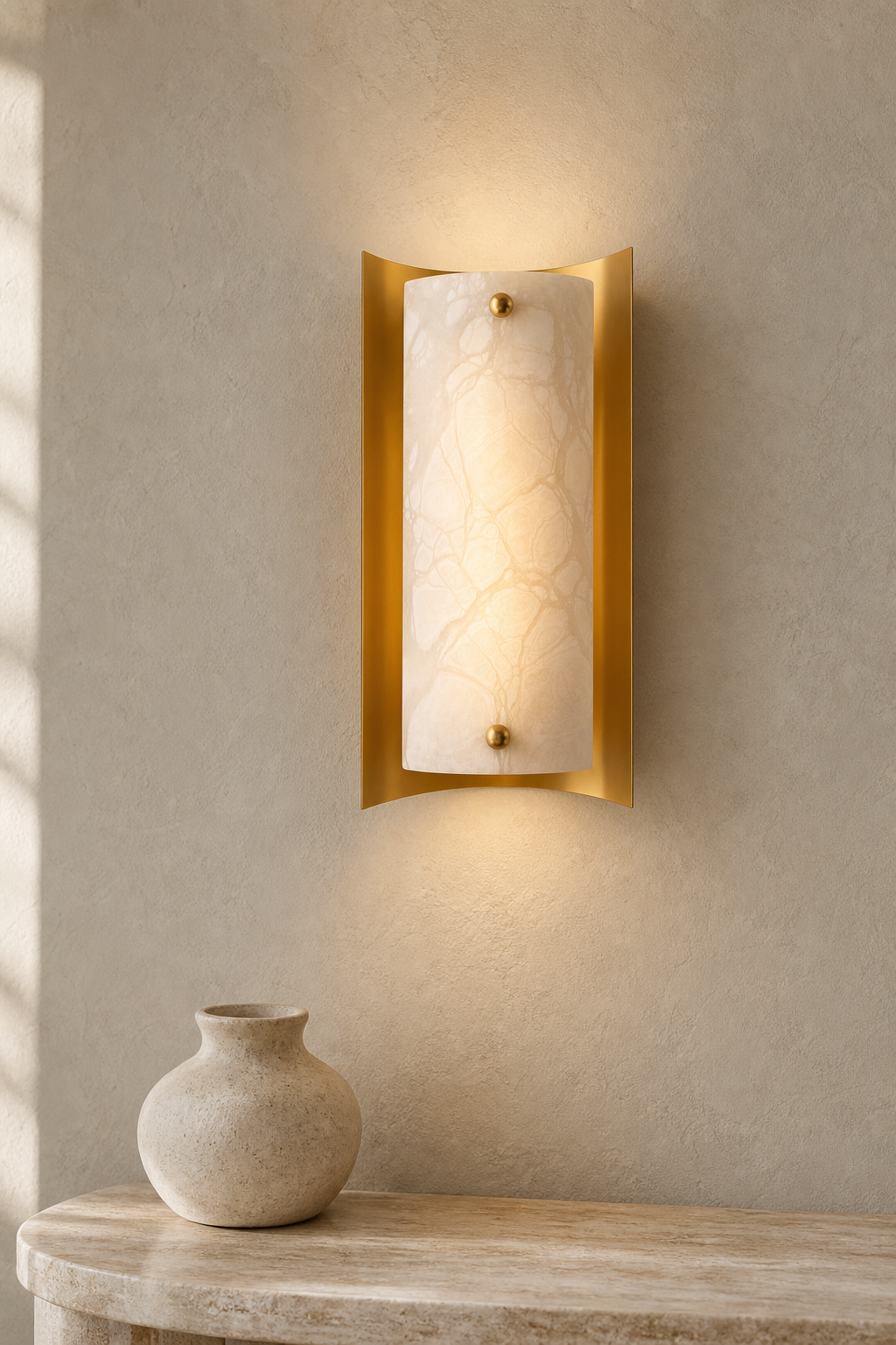 Modern Alabaster Rectangular Wall Sconce in Natural Brass - curated collection card scene