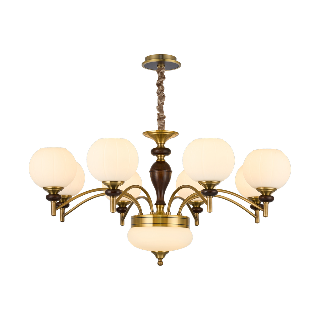 Orbemere Faceted Milk Glass and Ash Wood Chandelier complete product view on a pure white background