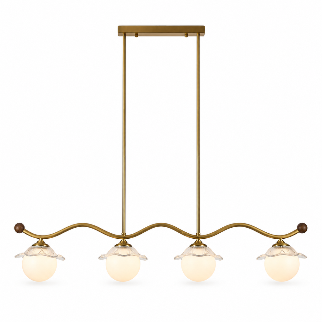 Complete Mirelune four-light opal globe linear chandelier on pure white
