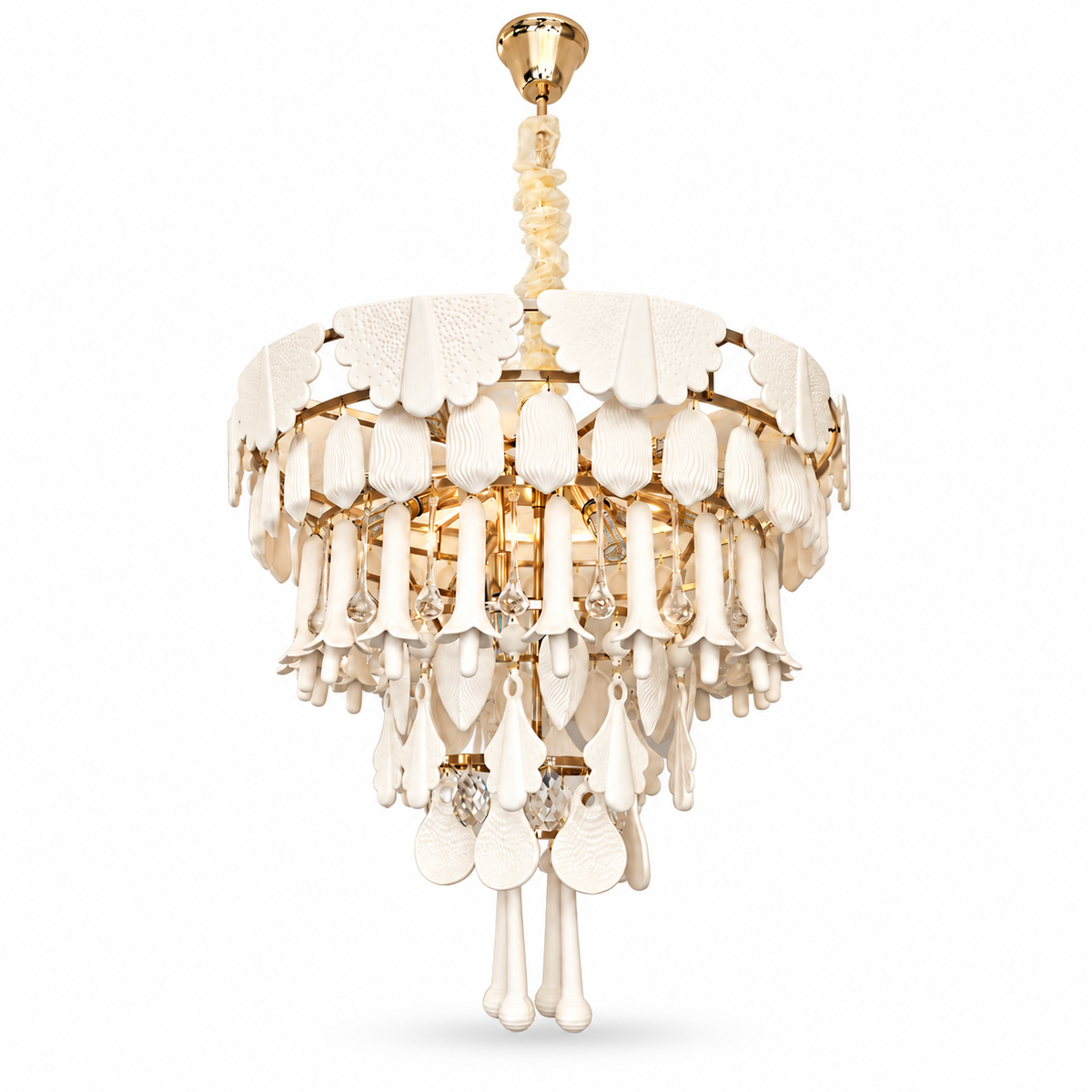 Muguetelle ivory ceramic chandelier complete product on white background