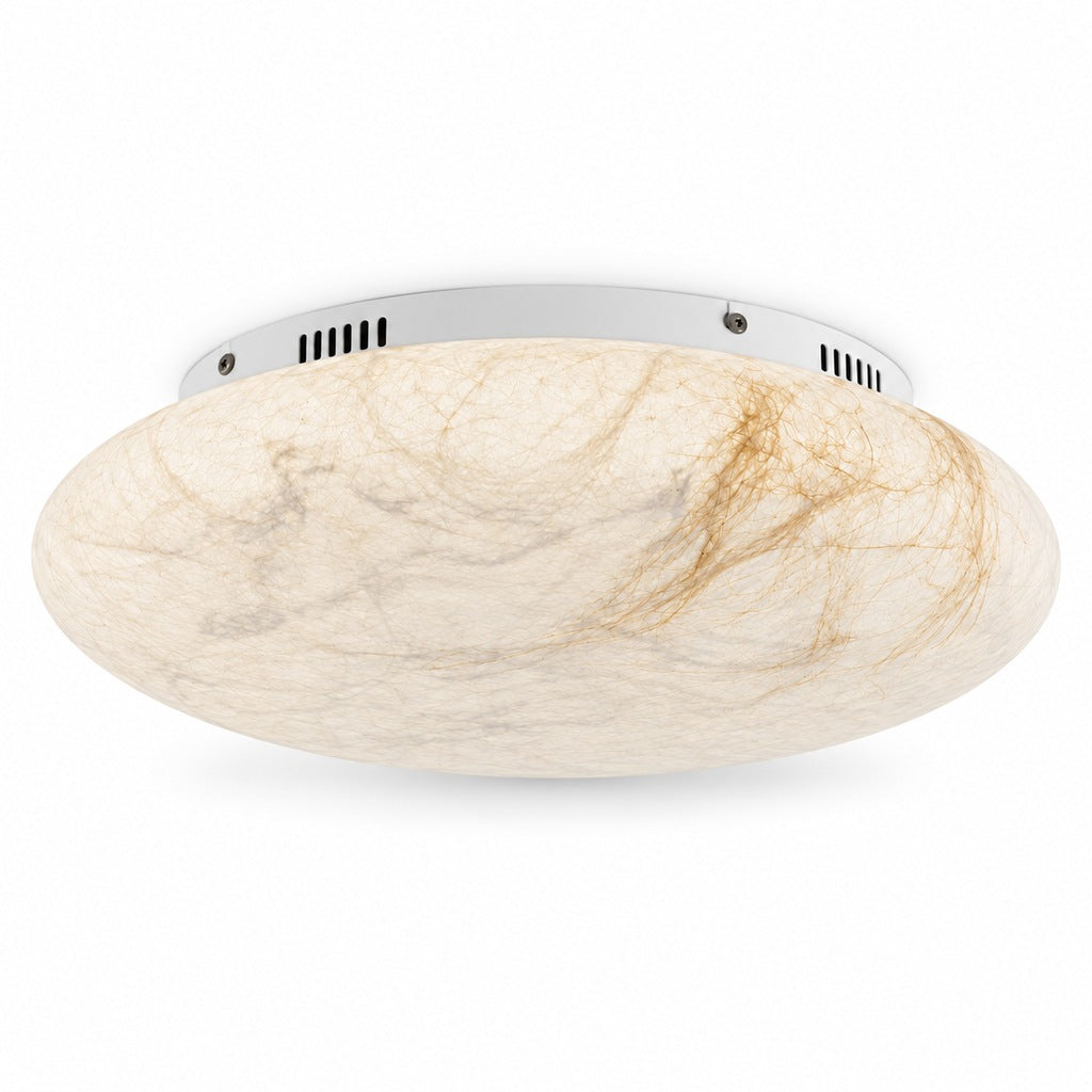 Round silk and hemp ceiling fixture with white vented mounting plate on white