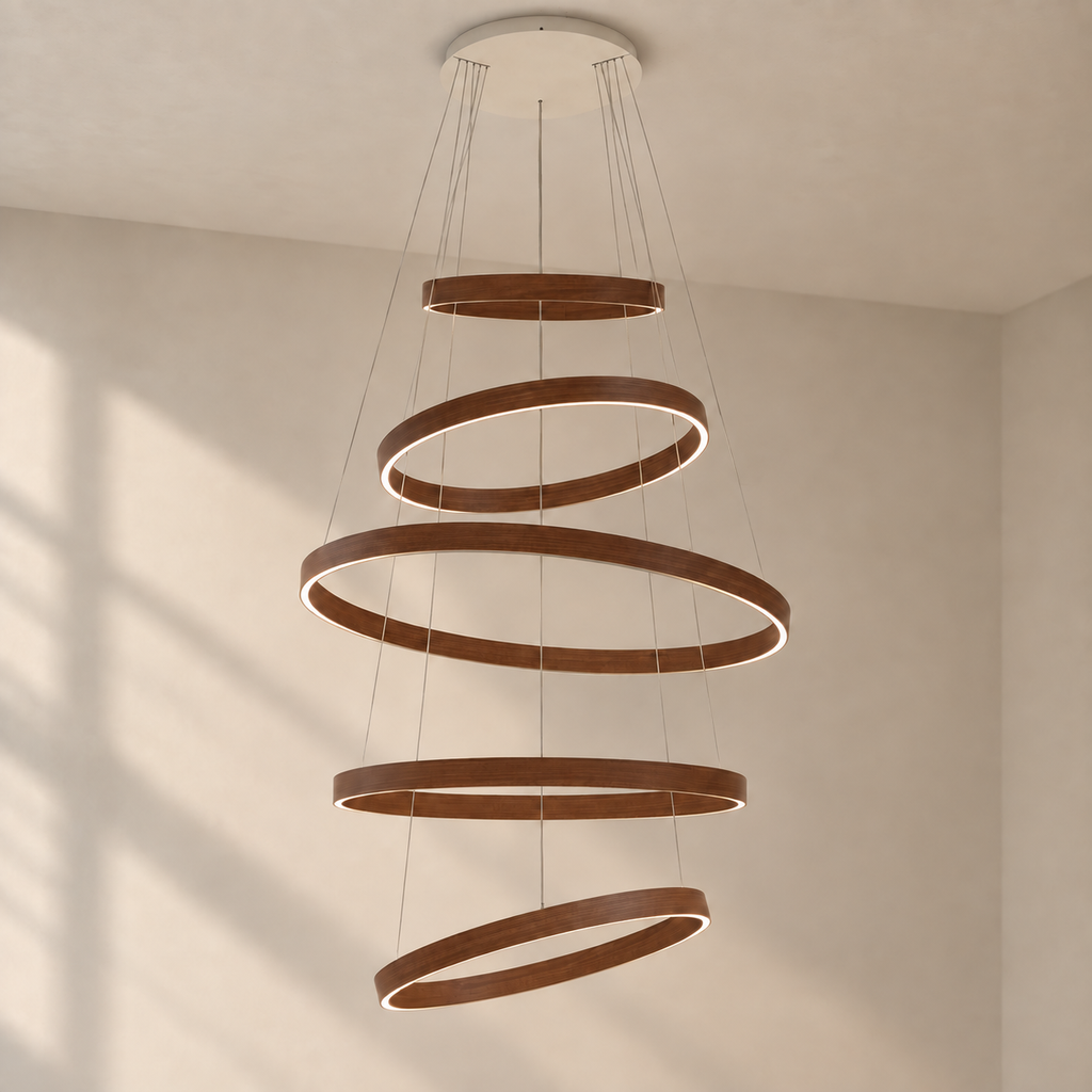 Sylvenor five-ring walnut LED chandelier in a light warm neutral interior