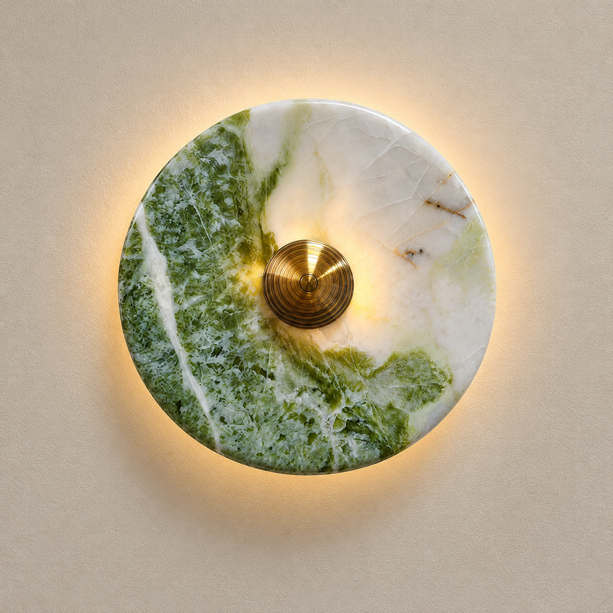 Terkel Marble LED Wall Sconce on a warm greige background; Prada green with natural brass, representative appearance
