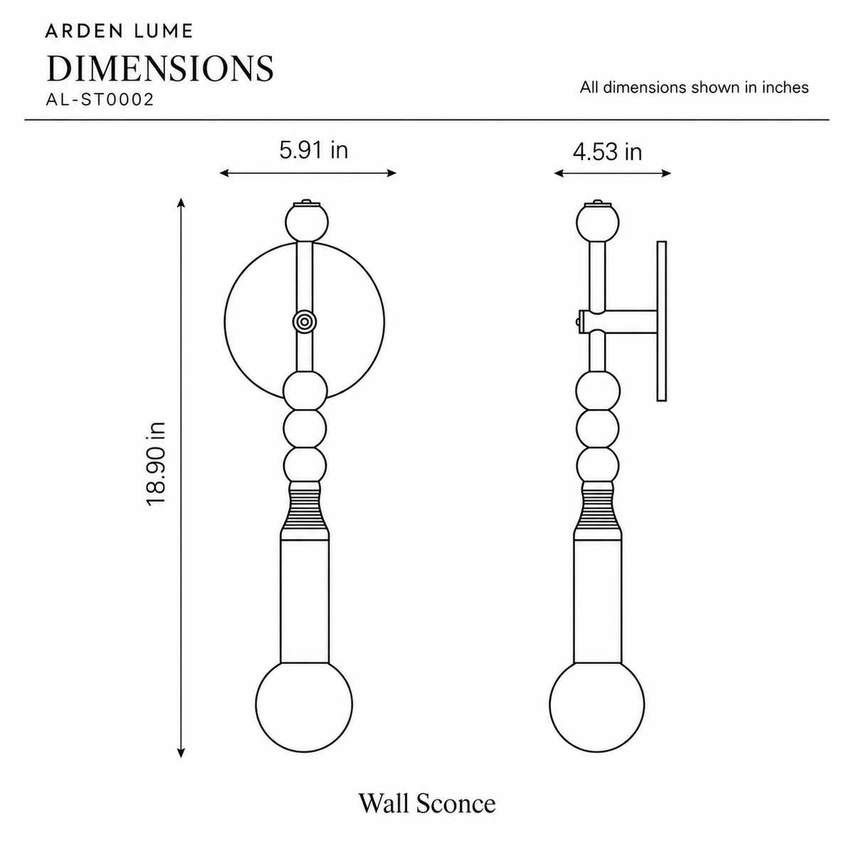 ARDEN LUME AL-ST0002 dimension diagram in inches