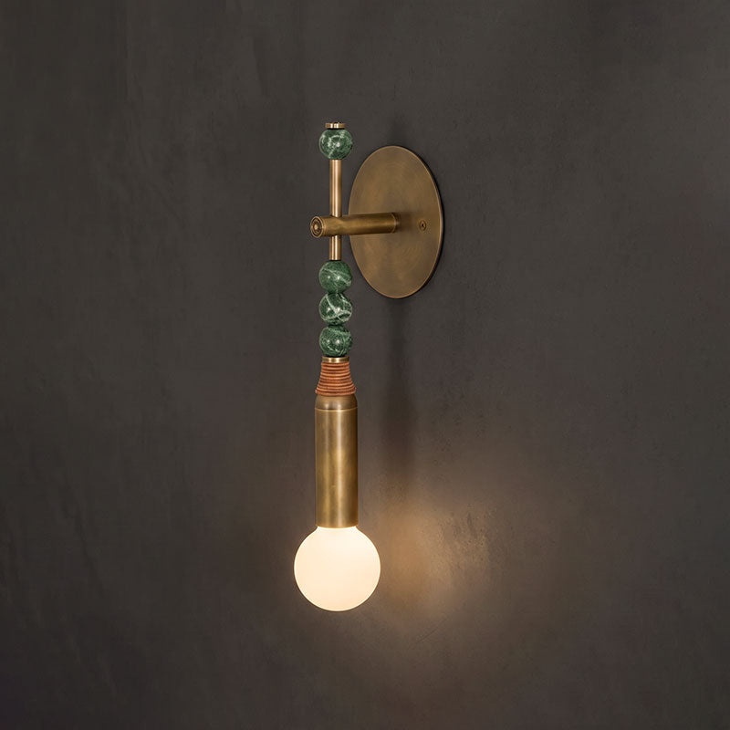 Toam Brass and Marble Wall Sconce — D 15cm x W 11.5cm x H 48cm / D 5.9" x W 4.5" x H 18.9"; Antiqued Brass & Green marble