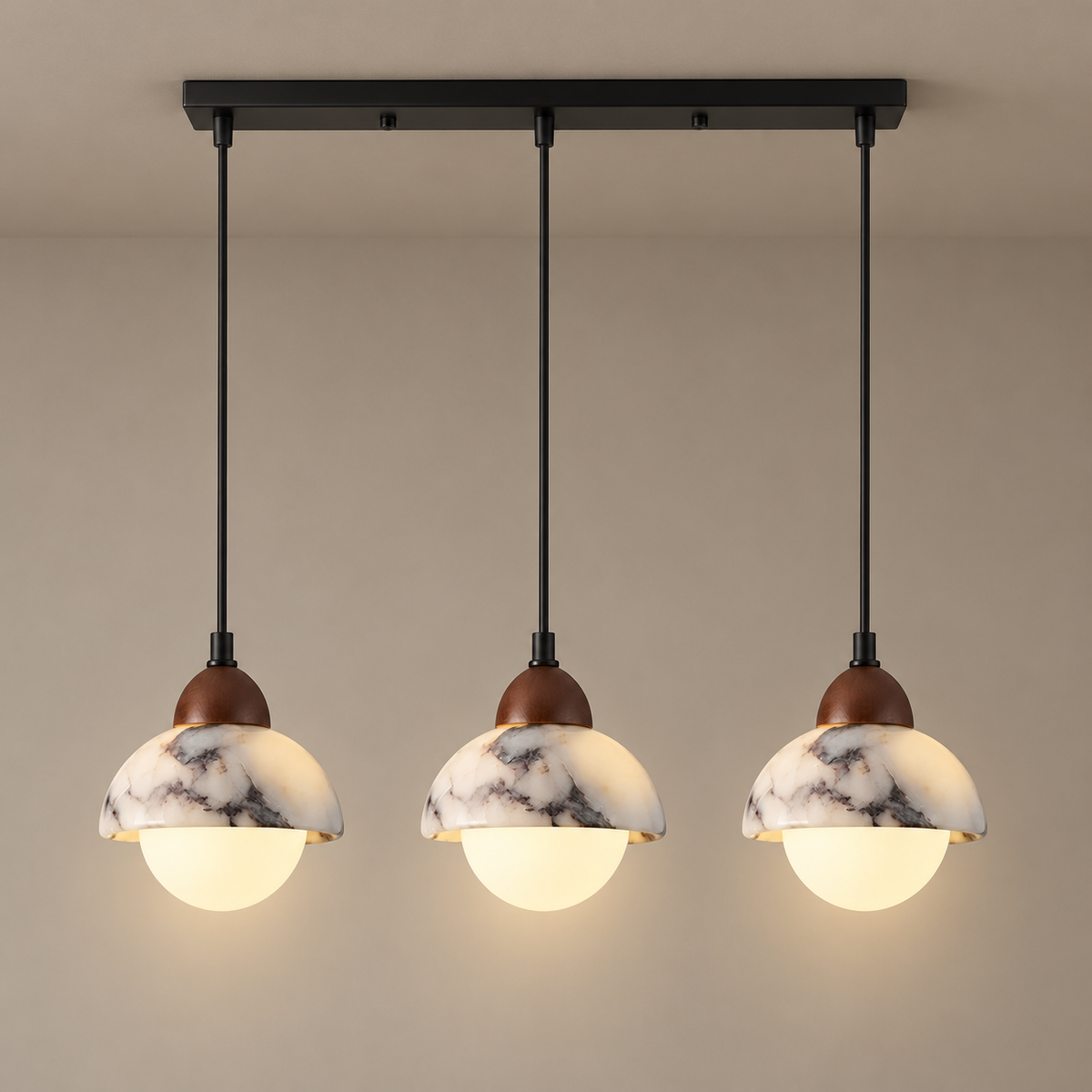 Polaris Mid-Century Marble Pendant Light on a warm greige background