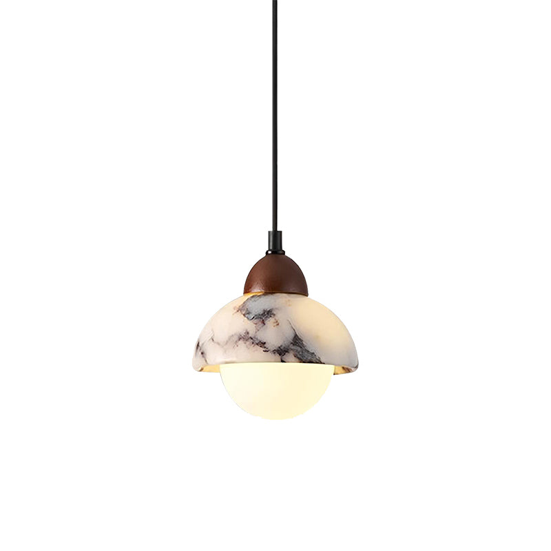 Polaris Mid-Century Marble Pendant Light — 1 head D 15cm x H 20cm / ∅ 5.9″ x H 7.9″; White & Walnut color