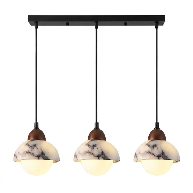 Polaris Mid-Century Marble Pendant Light — 3 heads L 60cm x H 20cm / ∅ 23.6″ x H 7.9″; White & Walnut color