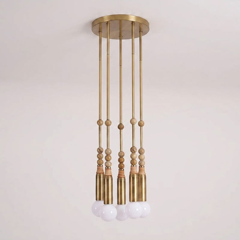 Allia Marble Pendant Light — 5heads D 30cm x H 48cm / ∅ 11.8″ x H 18.9″; Antiqued brass & Brown Marble