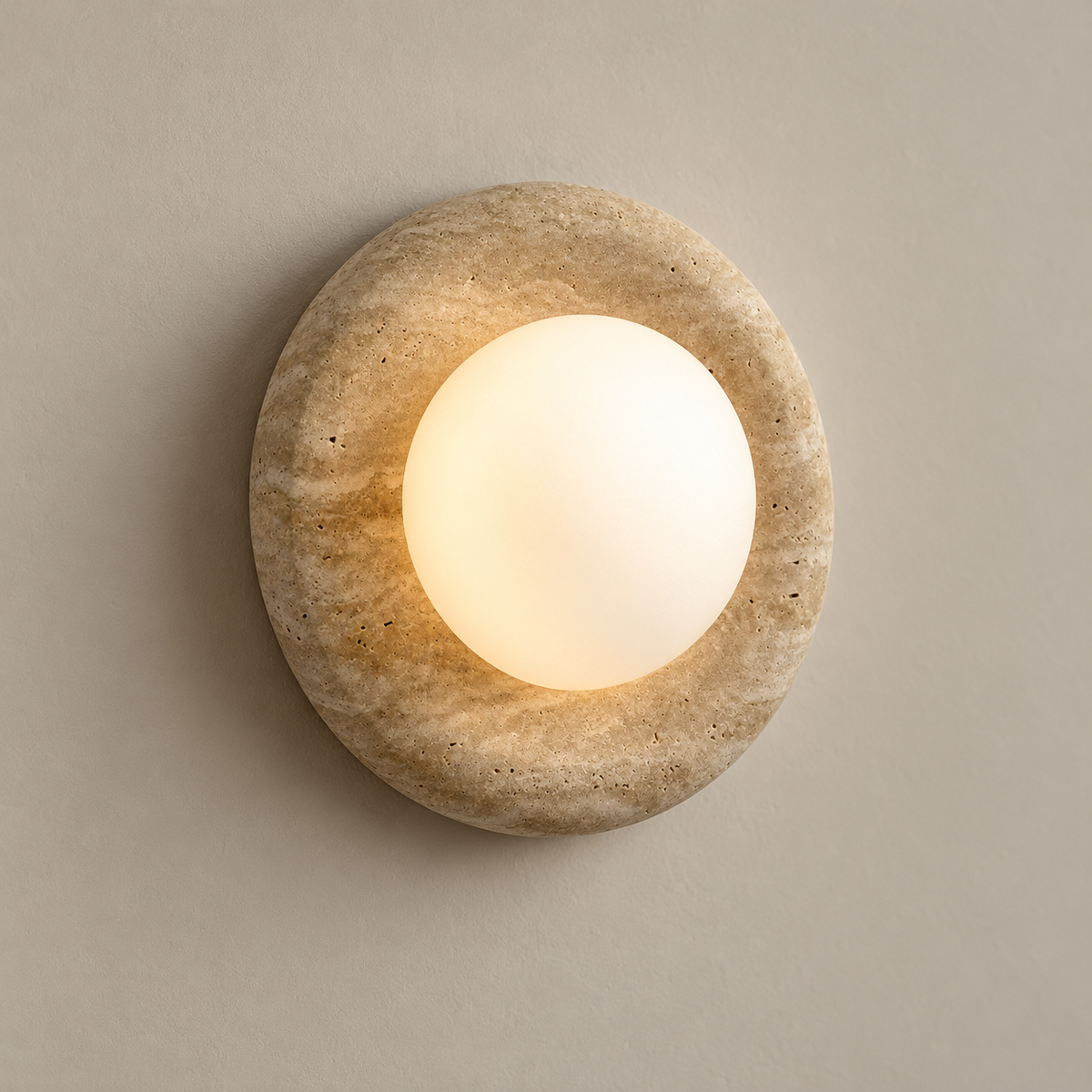 Novi Marble and Travertine Globe Wall Sconce on a warm greige background; Beige travertine wall disc; soft warm globe