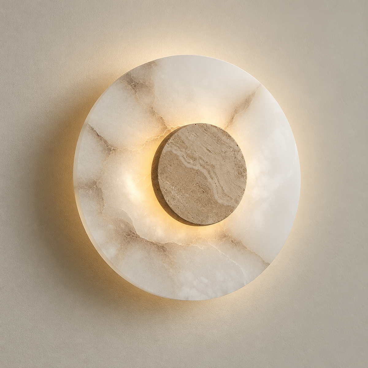 Alba Alabaster LED Wall Sconce on a warm greige background; White alabaster disc; beige travertine centre cap