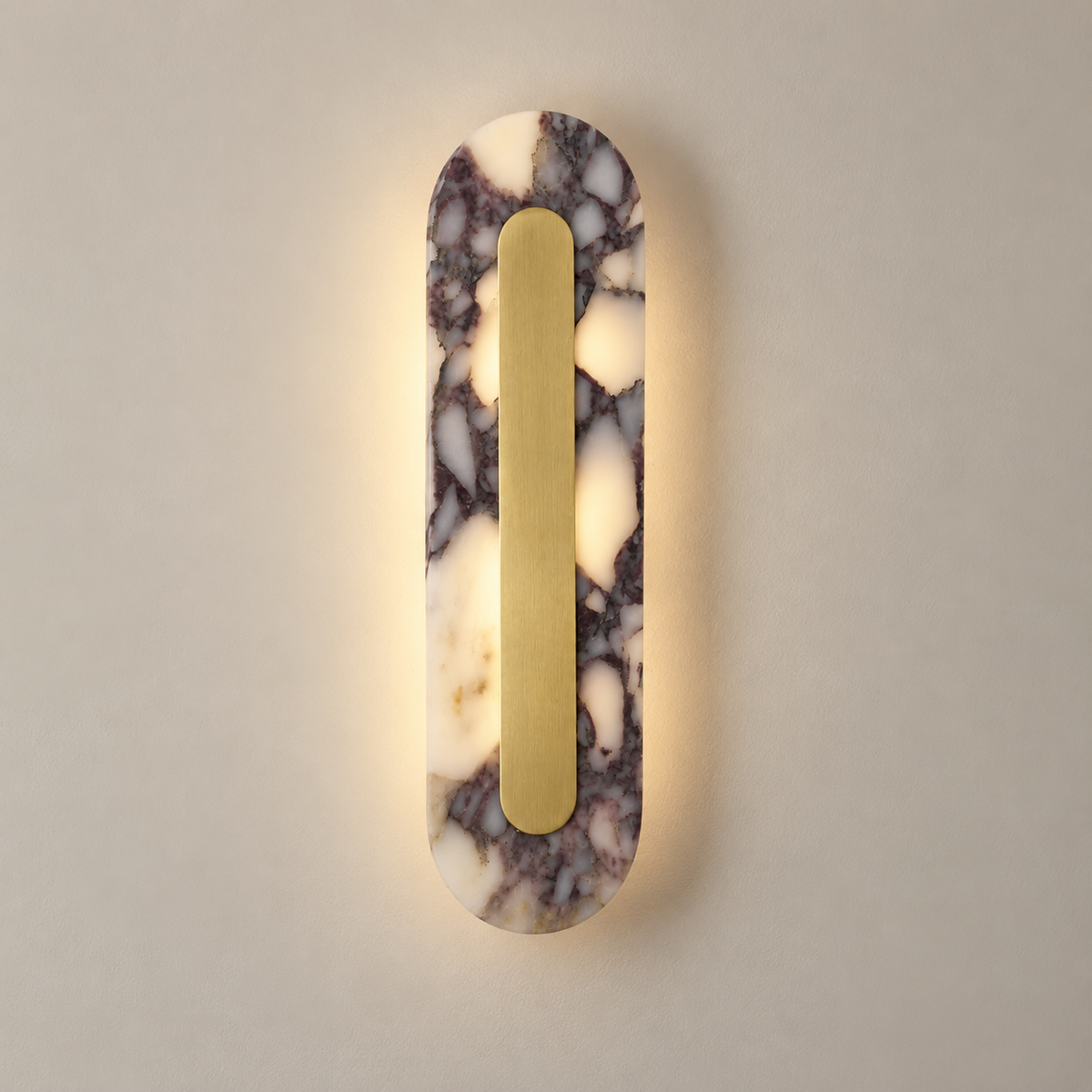 Marmo Marble LED Wall Sconce on a warm greige background; Purple-veined marble and natural brass capsule, 40 cm
