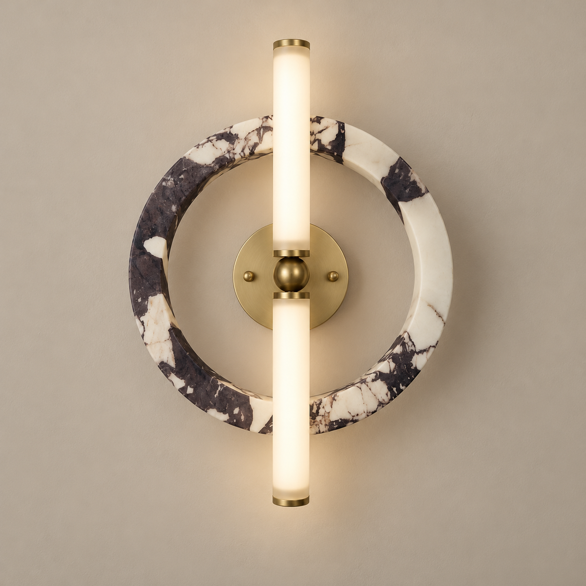Ice Marble LED Wall Sconce on a warm greige background; Purple marble open ring; antique brass; two vertical LED tubes