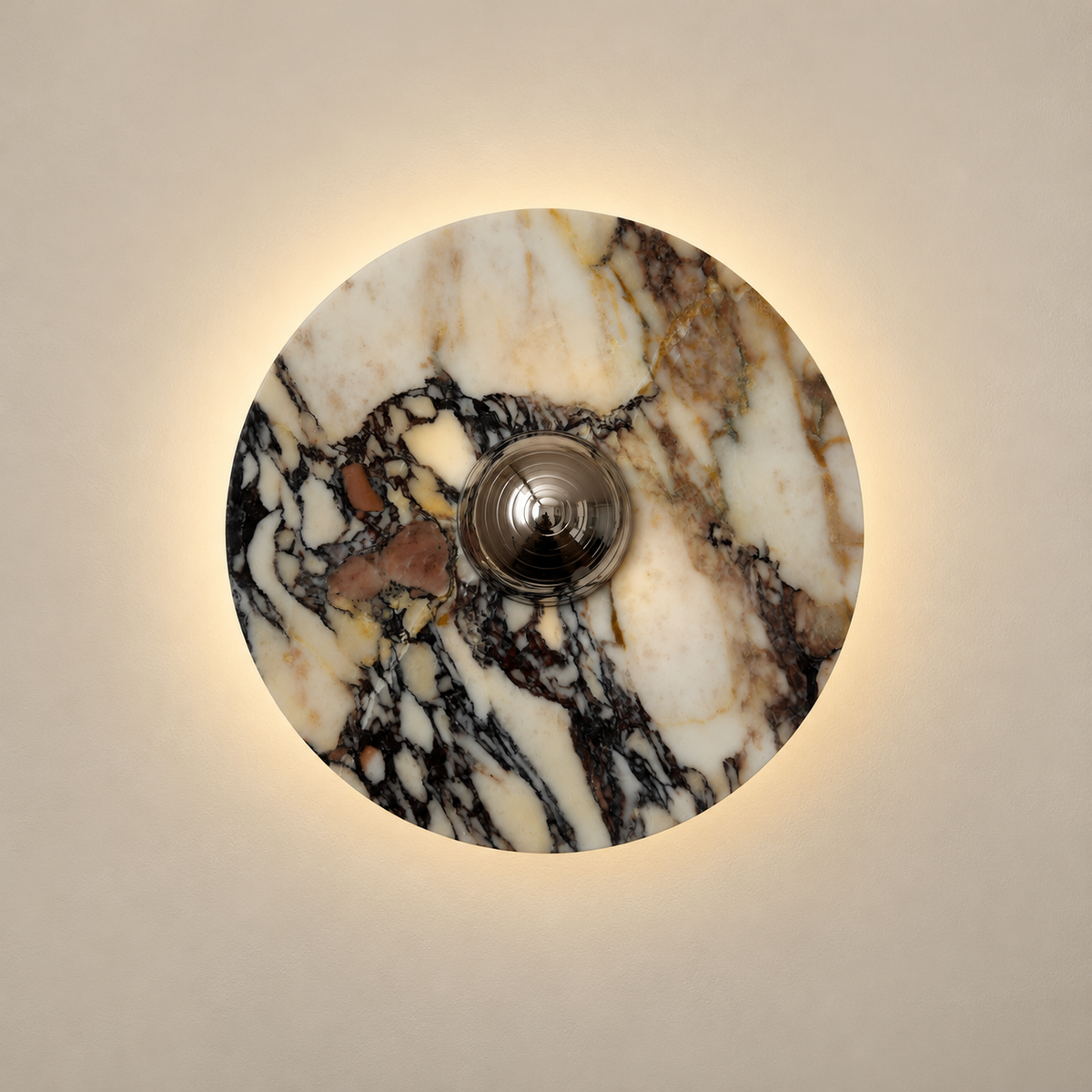 Round Marble LED Wall Sconce in Purple on a warm greige background; Cream-purple breccia marble round LED; polished nickel centre cap