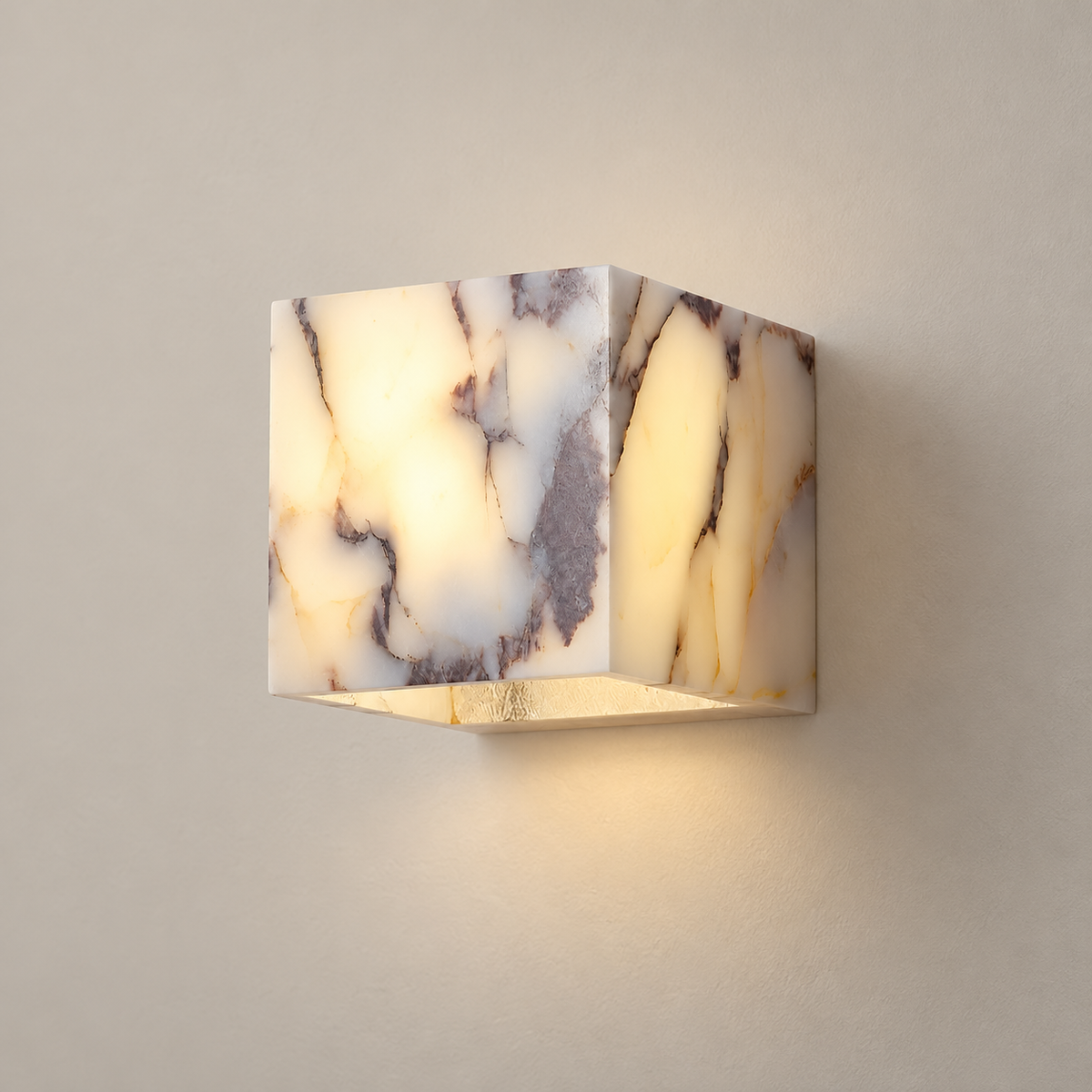 Square Marble LED Wall Sconce on a warm greige background; 12 cm marble cube LED wall sconce