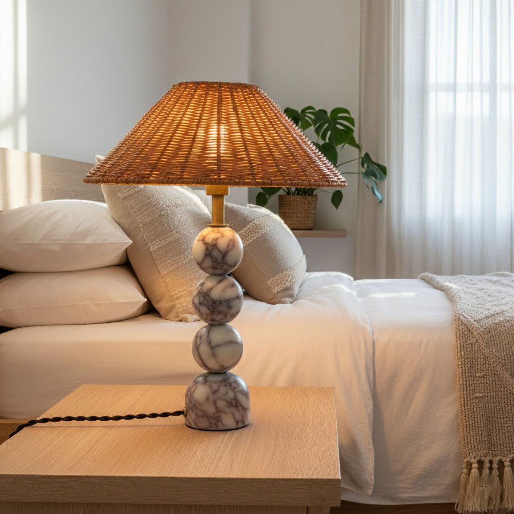 Marble Table Lamp with Natural Rattan Shade — AL-ST0047 — product view 1