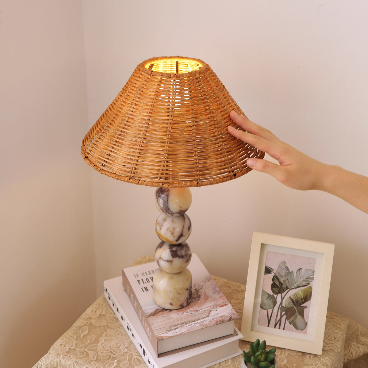 Marble Table Lamp with Natural Rattan Shade — AL-ST0047 — product view 3