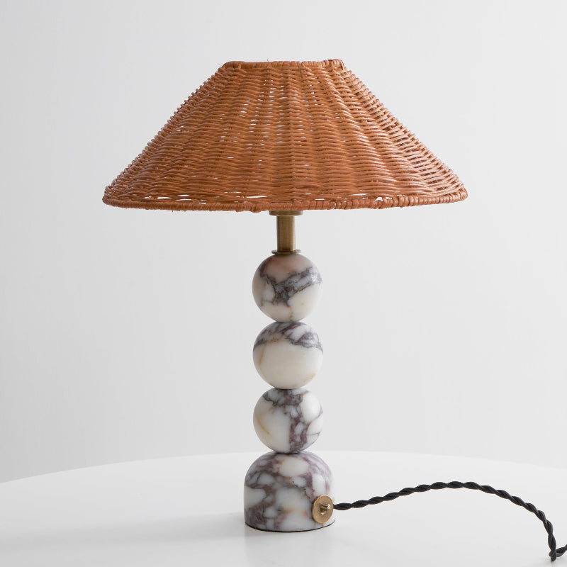 Marble Table Lamp with Natural Rattan Shade — D 31cm x H 38cm / ∅ 12.2″ x H 15″; White & Natural rattan