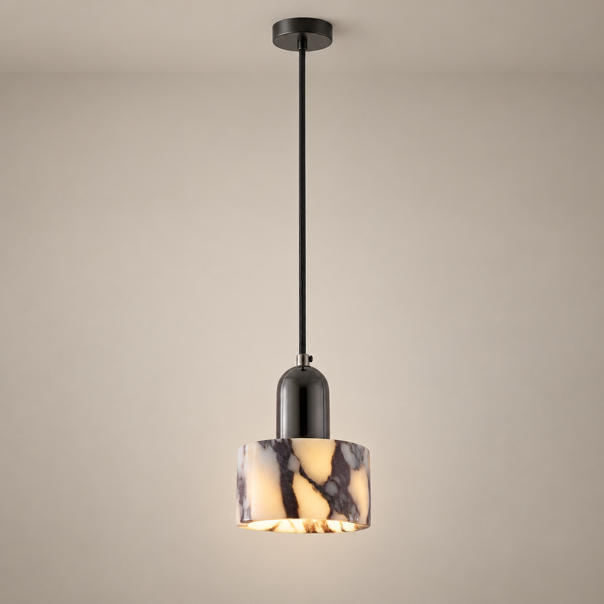 Dekum Minimalist Marble Pendant Light on a warm greige background; Dekum ONE-head blackmetal fitting whitepurplemarble cylindricalshade