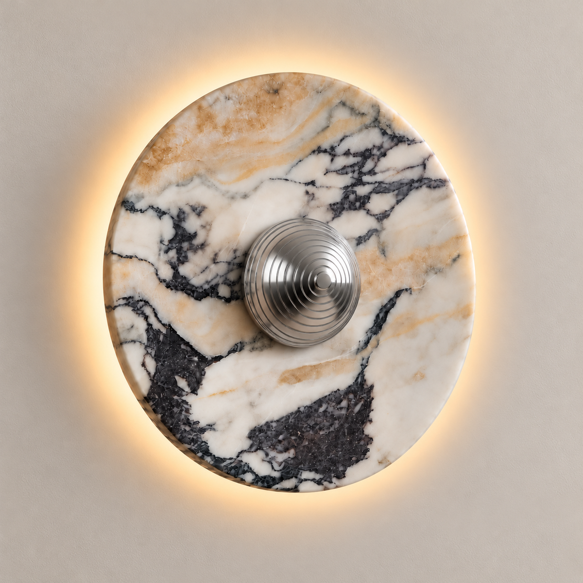 Marble disc wall sconce with raised mirror-polished silver cap and fine concentric grooves