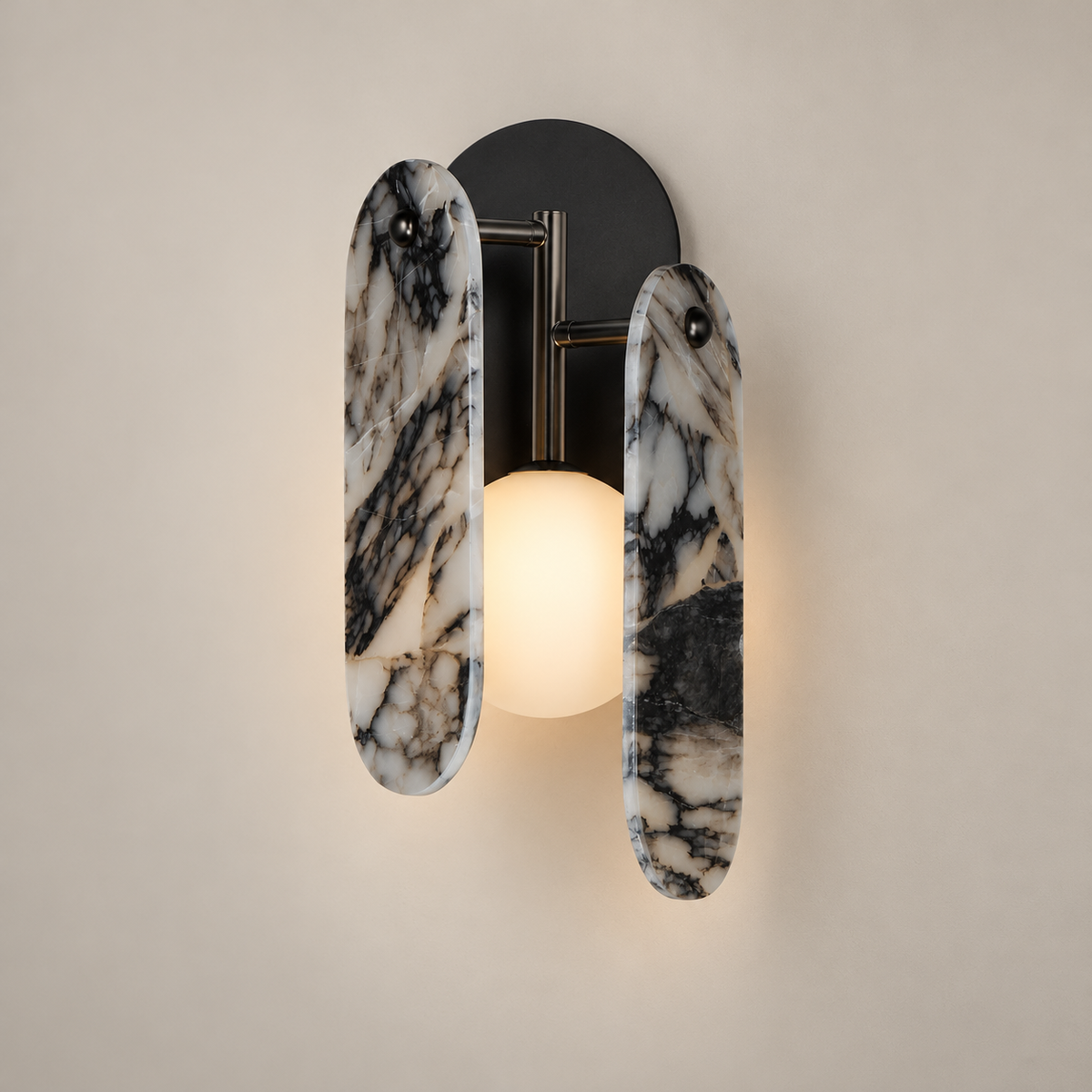 Megalith Marble Globe Wall Sconce on a warm greige background; Black marble twin staggered paddles, central globe