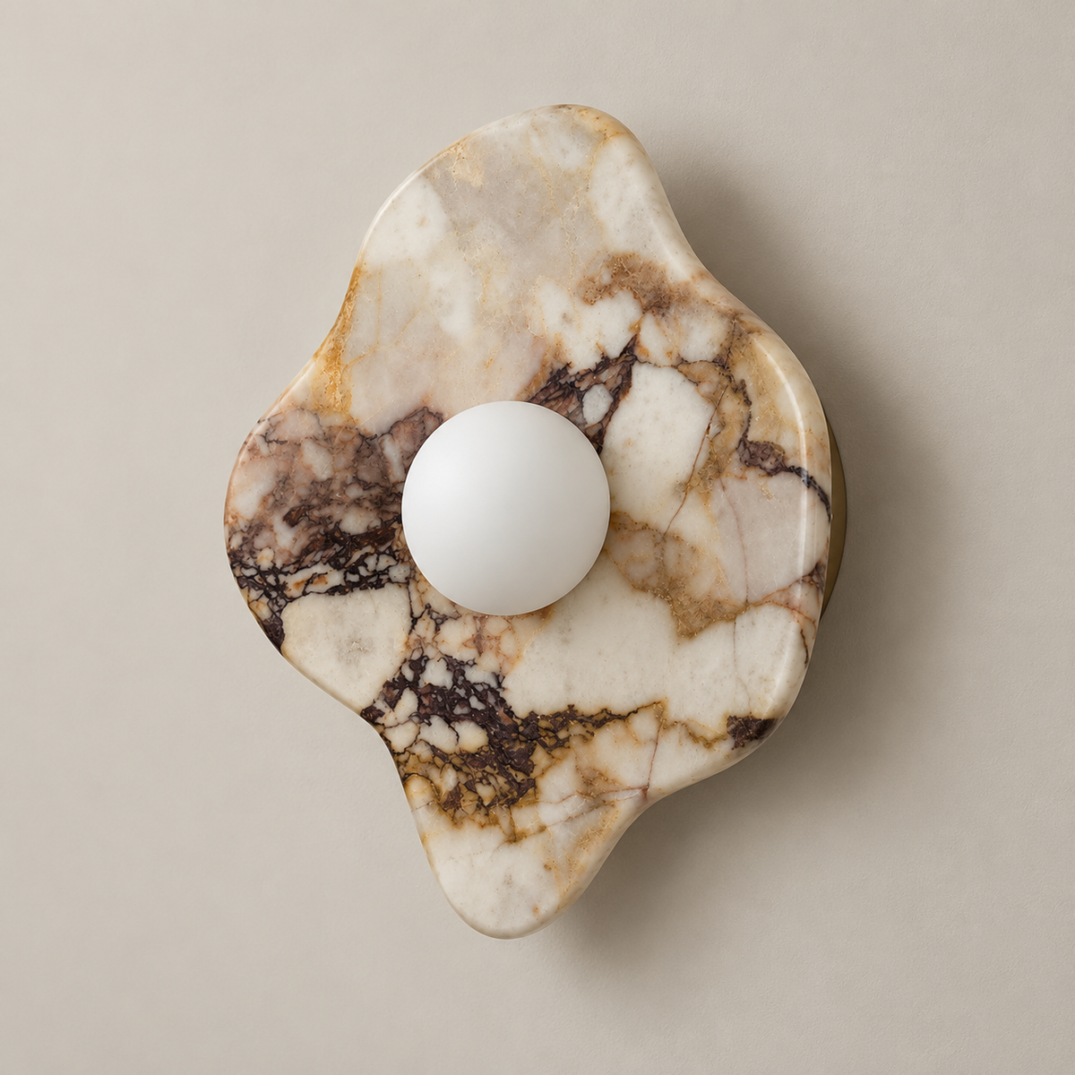 Abnormal Marble Wall Sconce with Glass Globe on a warm greige background; Calacatta Purple organic plate, globe OFF