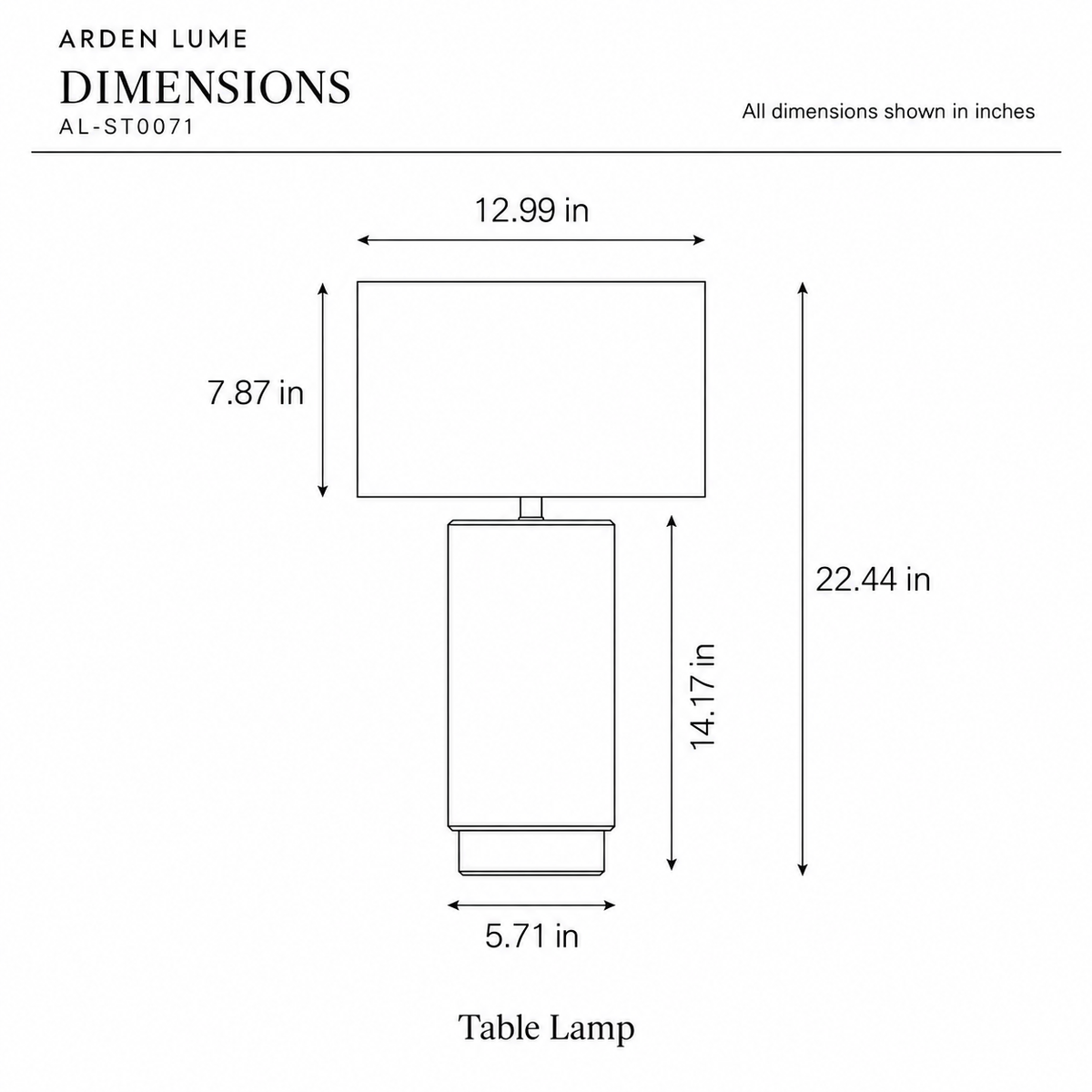 ARDEN LUME AL-ST0071 dimension diagram in inches